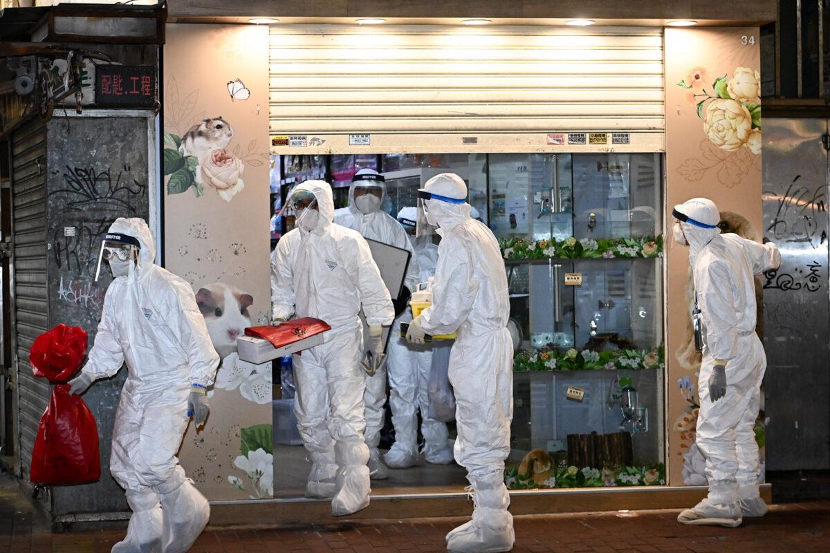 Hong Kong health officials enter a pet shop to cull pets and disinfect the store in Causeway Bay, Hong Kong, on Jan. 18, 2022. (Sung Pilung/The Epoch Times)
