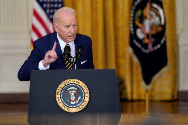 President Joe Biden speaks during a news conference in the East Room of the White House in Washington on Jan. 19, 2022. (Susan Walsh/AP Photo)