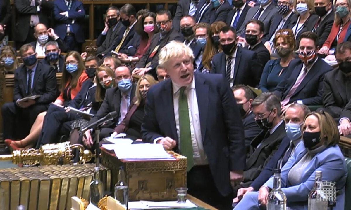 Prime Minister Boris Johnson speaks during Prime Minister's Questions in the House of Commons, London, on Jan. 19, 2022. (House of Commons/PA)