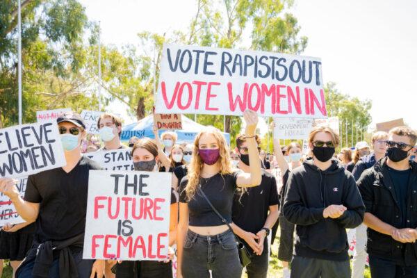 Protesters attend the Women's March 4 Justice Rally in Canberra, Australia, on March 15, 2021. (Jamila Toderas/Getty Images)