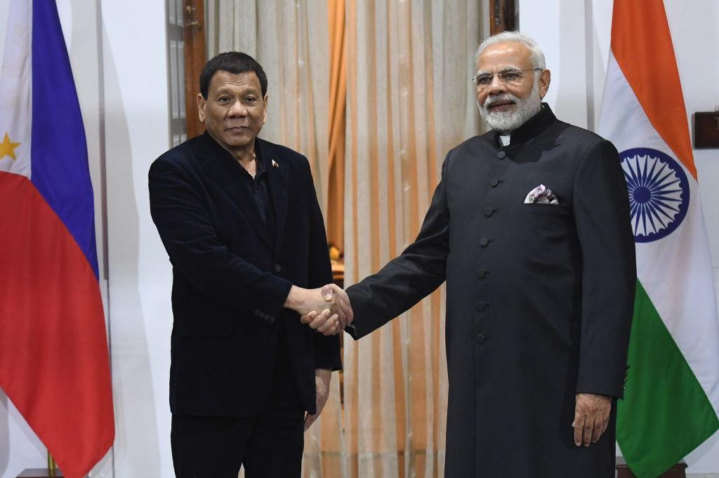 Indian Prime Minister Narendra Modi (R) shakes hands with President of Philippines Rodrigo Duterte ahead of a meeting on the sidelines of the ASEAN-INDIA Commemorative Summit in New Delhi on January 24, 2018.(Prakash Singh/AFP via Getty Images)