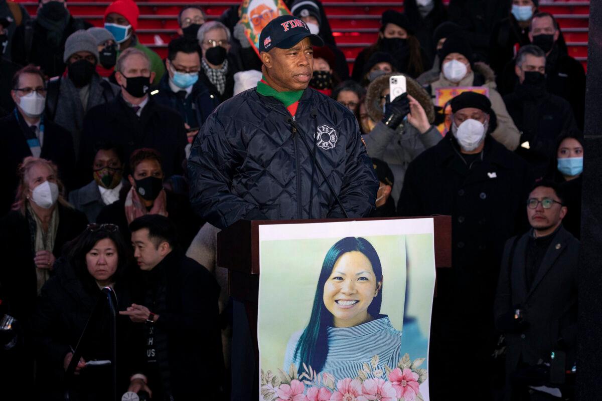 New York City Mayor Eric Adams speaks during the candlelight vigil in honor of Michelle Alyssa Go, a victim of a subway attack, at Times Square in New York, on Jan. 18, 2022. (Yuki Iwamura/AP Photo)