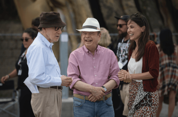 (L–R) Director Woody Allen with Wallace Shawn and Elena Anaya on location in "Rifkin's Festival." (Gravier Productions)
