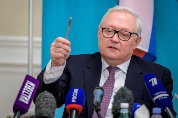 Russian Deputy Foreign Minister Sergei Ryabkov gestures during a press conference following talks with his U.S. counterpart on soaring tensions over Ukraine, in Geneva, on Jan. 10, 2022. (Eloi Rouyer/AFP via Getty Images)
