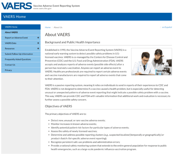 A screenshot of the homepage of the Vaccine Adverse Event Reporting System (VAERS), which is co-sponsored by the several federal health agencies. (Screenshot/The Epoch Times)