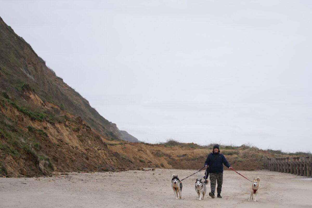 Undated file photo of a man walking his dogs along a beach. (Joe Giddens/PA)