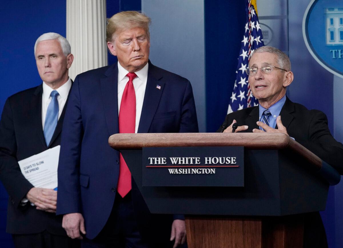  Dr. Anthony Fauci (R), director of the National Institute of Allergy and Infectious Diseases, speaks while U.S. President Donald Trump (C) and Vice President Mike Pence listen during a briefing on the coronavirus pandemic, in the press briefing room of the White House on March 24, 2020. (Drew Angerer/Getty Images)