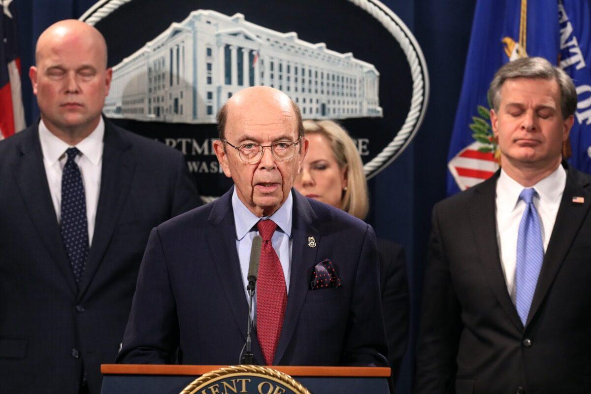 Commerce Secretary Wilbur Ross announces new criminal charges against Chinese telecommunications giant Huawei with (L-R) acting Attorney General Matthew Whitaker, Homeland Security Secretary Kirstjen Nielsen, and Federal Bureau of Investigation Director Christopher Wray at the Department of Justice in Washington, on Jan. 28, 2019. (Chip Somodevilla/Getty Images)