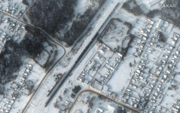 A satellite image shows equipment deployed at Klimovo Railyard in Klimovo, Russia on Jan. 19, 2022. (©2022 Maxar Technologies/Handout via Reuters)