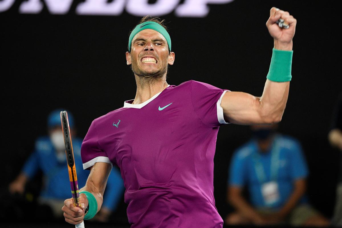 Rafael Nadal of Spain celebrates his win over Karen Khachanov of Russia in their third round match at the Australian Open tennis championships in Melbourne, Australia, on Jan. 22, 2022. (Andy Brownbill/AP Photo)