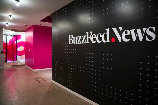 A BuzzFeed News logo adorns a wall inside BuzzFeed headquarters in New York on Dec. 11, 2018. (Drew Angerer/Getty Images)