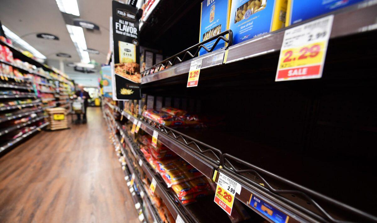 Empty shelves for pasta at a supermarket in Monterey Park, Calif., on Jan. 13, 2022. (Frederic J. Brown/AFP via Getty Images)