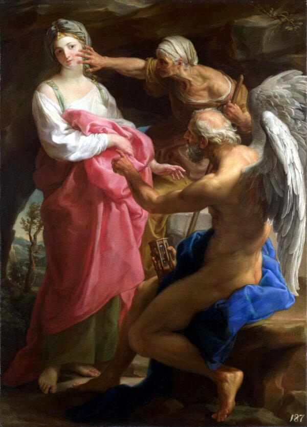 “Time Orders Old Age to Destroy Beauty,” circa 1746, by Pompeo Batoni. Oil on canvas, 52.3 inches by 37.9 inches. The National Gallery, London. (Public Domain)