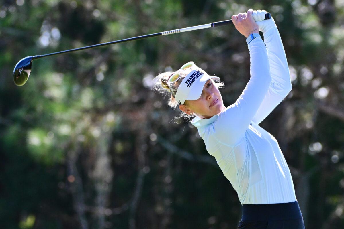 Jessica Korda of the United States plays her shot from the ninth tee during the first round of the 2022 Hilton Grand Vacations Tournament of Champions at Lake Nona Golf & Country Club, in Orlando, on Jan. 21, 2022. (Julio Aguilar/Getty Images)