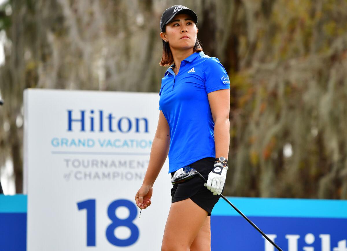 Danielle Kang of the United States watches the ball after teeing off on the 18th hole during the second round of the 2022 Hilton Grand Vacations Tournament of Champions at Lake Nona Golf & Country Club, in Orlando, on Jan. 21, 2022. (Julio Aguilar/Getty Images)