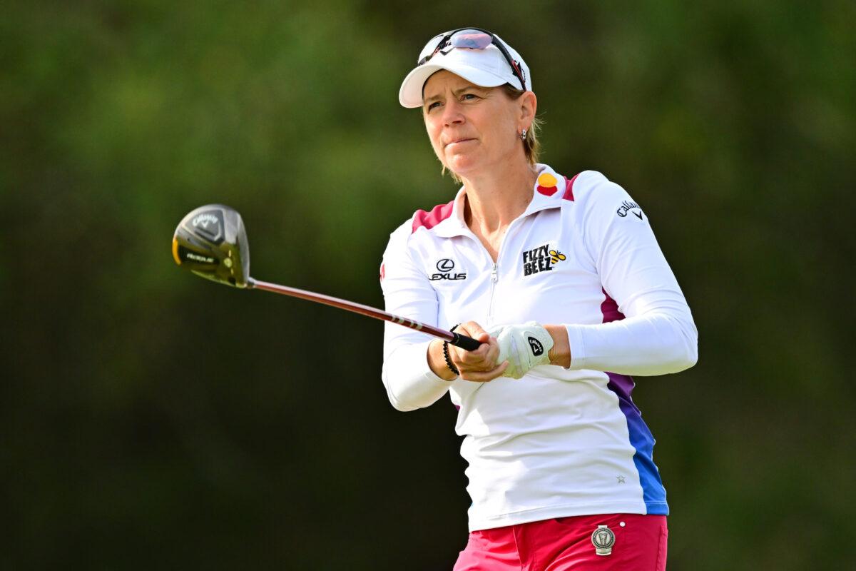 Annika Sörenstam of Sweden plays her shot from the second tee during the second round of the 2022 Hilton Grand Vacations Tournament of Champions at Lake Nona Golf & Country Club, in Orlando, on Jan. 21, 2022. (Julio Aguilar/Getty Images)