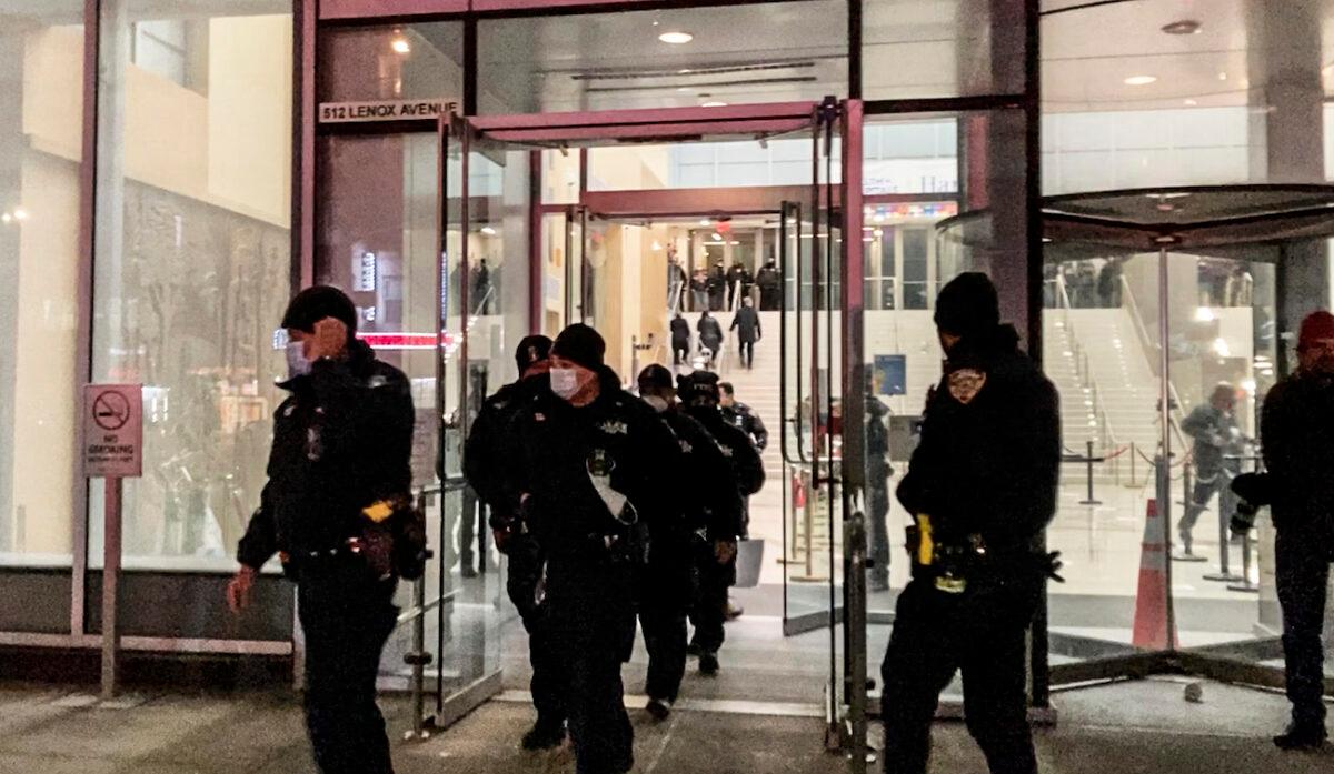 NYPD officers at Harlem Hospital after an officer was killed and another gravely injured in Harlem, N.Y., on Jan. 21, 2022. (Jennifer Peltz/AP Photo)