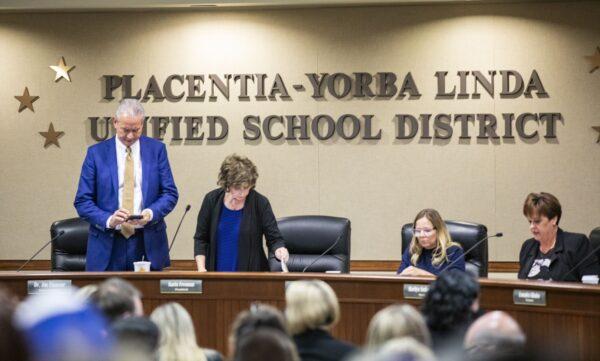 A file photo of the Placentia-Yorba Linda Unified School District Board of Trustees in Yorba Linda, Calif., on Oct. 12, 2021. (John Fredricks/The Epoch Times)