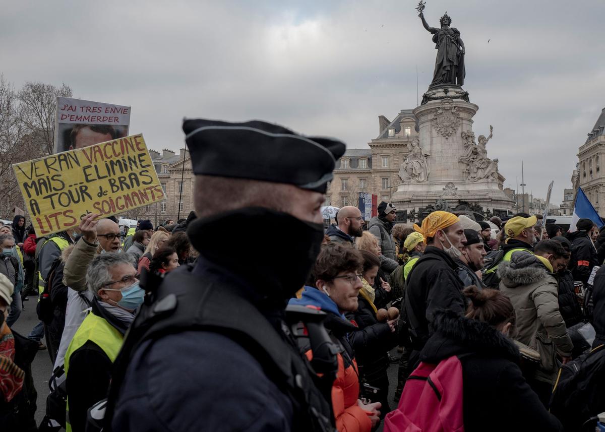 Demonstrators against COVID-19 measures during a rally in Paris, France, on Jan. 22, 2022. (Rafael Yaghobzadeh/AP Photo)