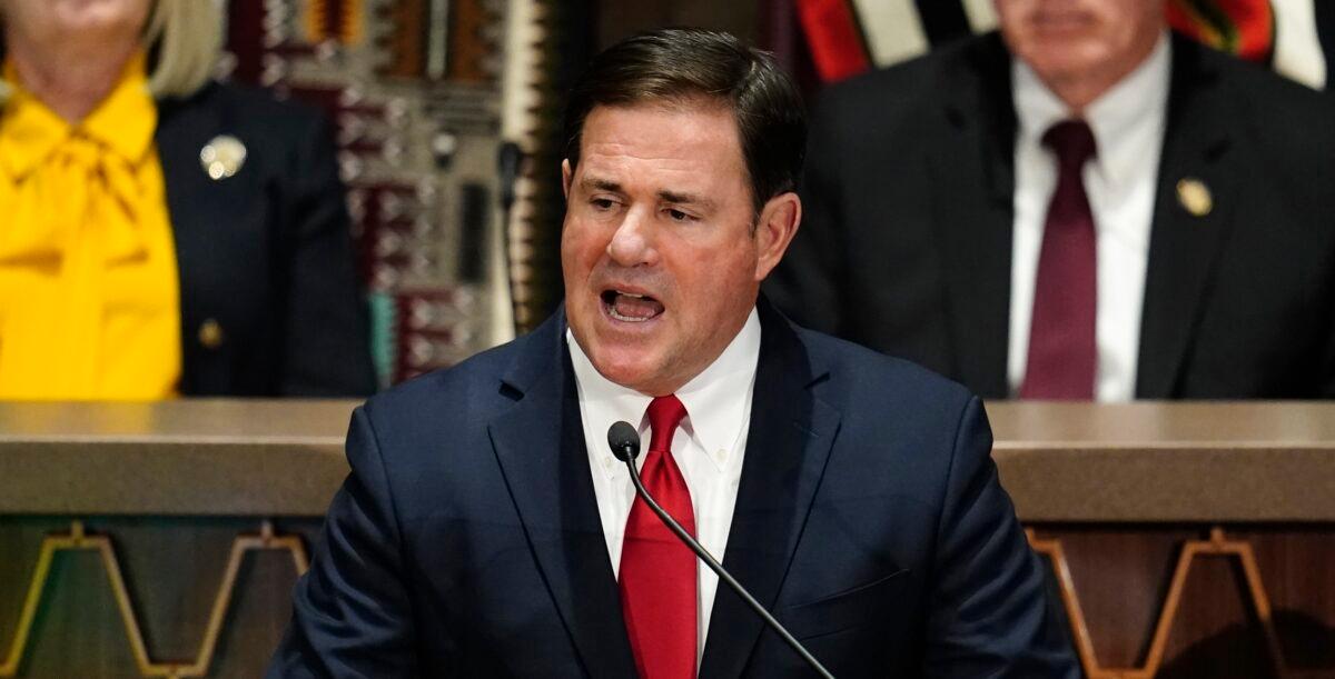  Arizona Gov. Doug Ducey speaks at the Arizona state capital in Phoenix on Jan. 10, 2022. (Ross D. Franklin/AP Photo)