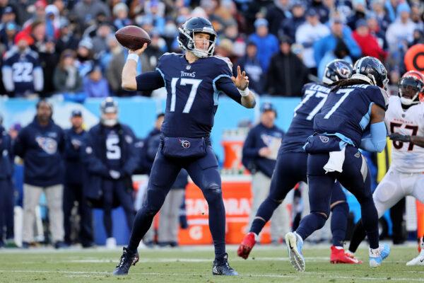 Quarterback Ryan Tannehill #17 of the Tennessee Titans throws a second quarter pass against the Cincinnati Bengals in the AFC Divisional Playoff game at Nissan Stadium, in Nashville, on Jan. 22, 2022. (Andy Lyons/Getty Images)