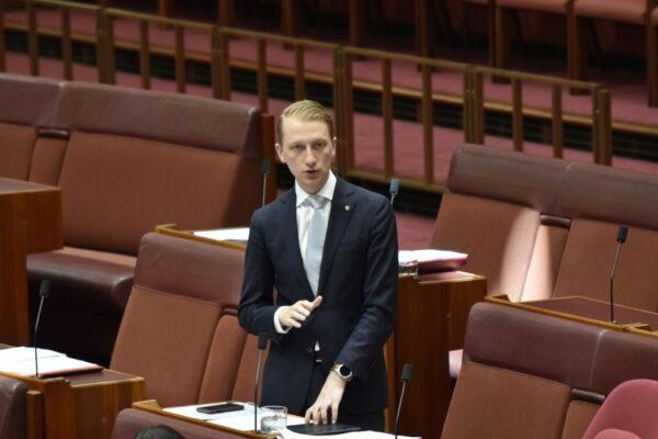 Liberal Senator James Paterson speaks in the Senate at Parliament House in Canberra, Australia, on Nov. 28, 2017. (Michael Masters/Getty Images)