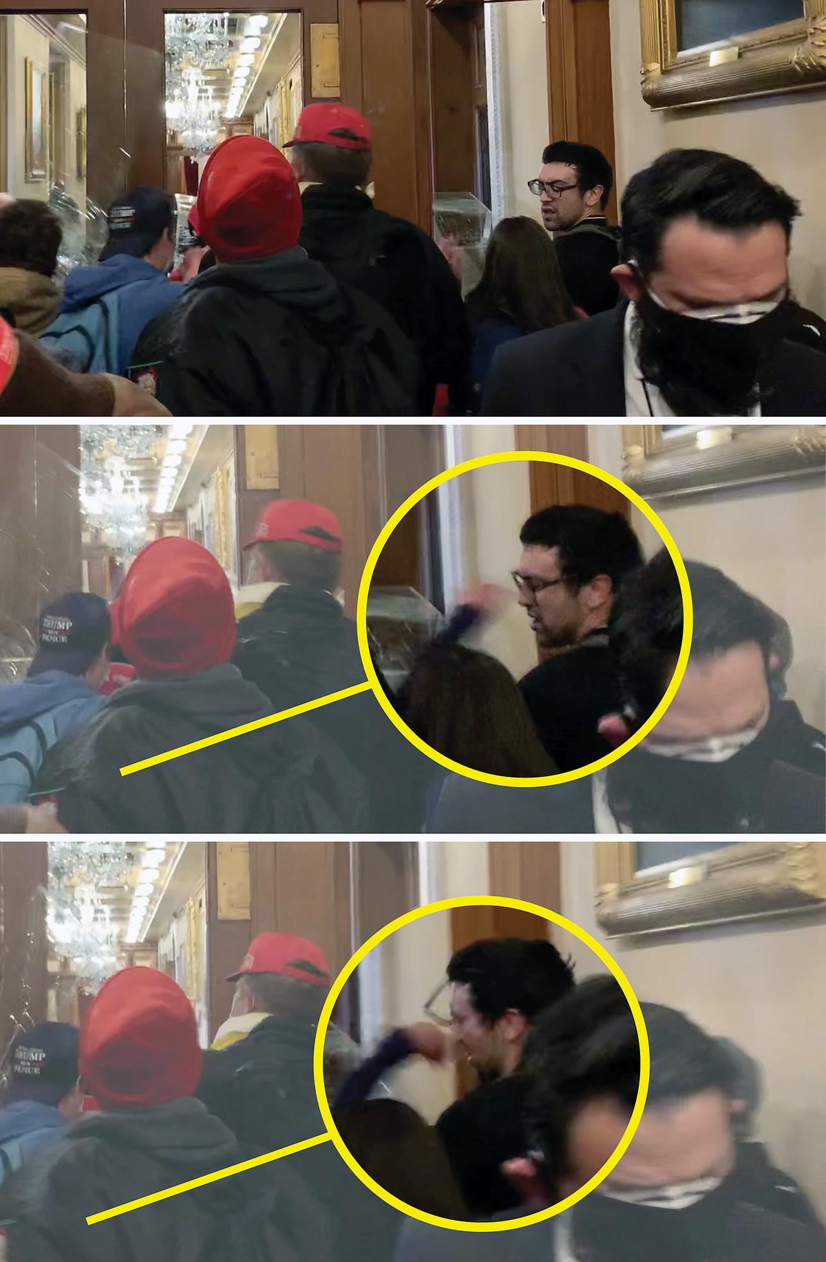 Video stills show Ashli Babbitt punch rioter Zachary Alam in the face after he broke a window leading into the Speaker's Lobby at the U.S. Capitol on Jan. 6, 2021. (Video Stills by Sam Montoya / Graphic by The Epoch Times)
