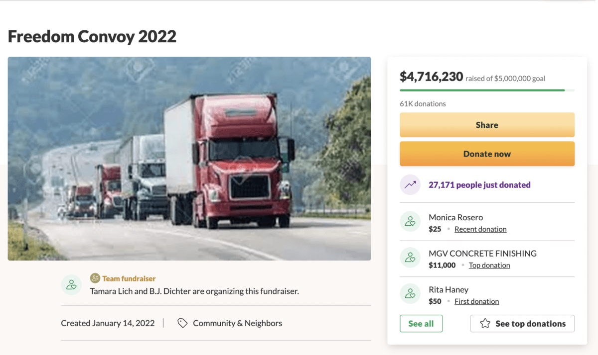 Screenshot of a fundraiser page for a trucker convoy on GoFundMe. (The Epoch Times via GoFundMe)