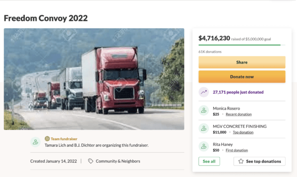Screenshot of a fundraiser page for the Freedom Convoy on GoFundMe in January 2022. (The Epoch Times via GoFundMe)