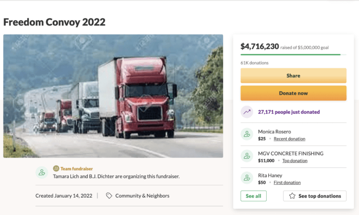 GoFundMe Says Donations for Truck Convoy Heading to Ottawa Continue to Be Accepted