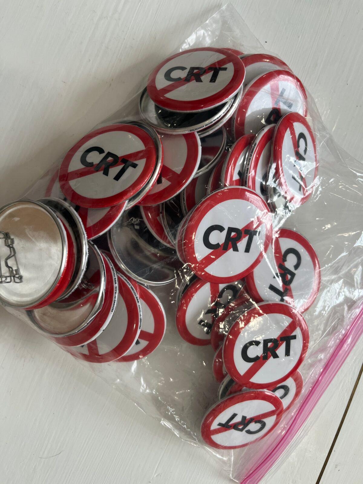  Parents concerned about critical race theory took home these buttons from a school board activist training on Jan. 19, 2022, in Sarasota, Fla. (Courtesy of Alexis Spiegelman)