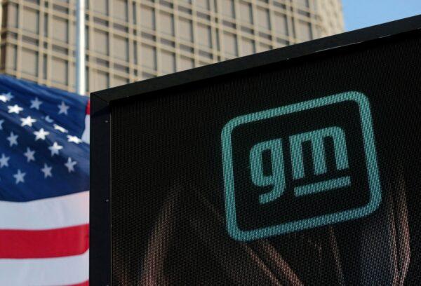 The new GM logo is seen on the facade of the General Motors headquarters in Detroit, on March 16, 2021. (Rebecca Cook/Reuters)