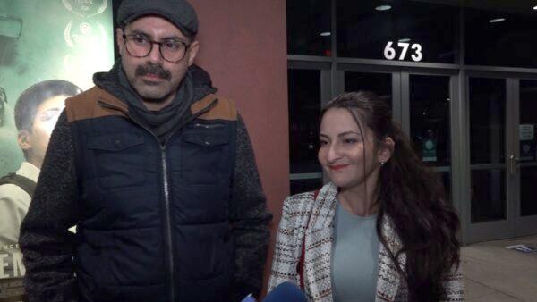 Veronica Flamenco (R) and Edgar Avendano (L) were in an interview with NTD after the theatrical release of “Unsilenced,” an award-winning movie based on true events in the persecution of Falun Gong in China, at Laemmle Playhouse 7 in Pasadena, Calif., on Jan. 21, 2022. (Screenshot via The Epoch Times)