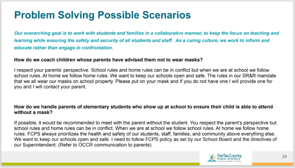 Screenshot of slide 24 from the principal briefing, issued by Fairfax County Public Schools Superintendent Scott Brabrand on Jan. 15, 2022, instructing school staff how to "coach children whose parents have advised them not to wear masks" and "how to handle parents." (Courtesy of Parents Defending Education)