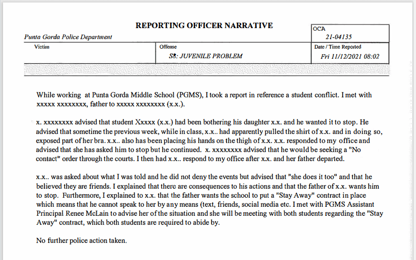 Screenshot of page four of police report filed Nov. 12, 2021, by Larry Benjamin regarding a sexual assault on his daughter at Punta Gorda Middle School by a male student. (Courtesy of Larry Benjamin)
