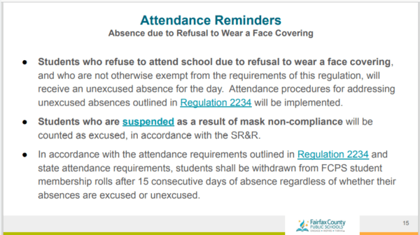 Screenshot of Slide 15 from the principal briefing issued by Fairfax County Public Schools Superintendent Scott Brabrand on Jan. 15, 2022, ordering administrators to suspend any students who refuse to wear a mask. (Courtesy of Parents Defending Education)