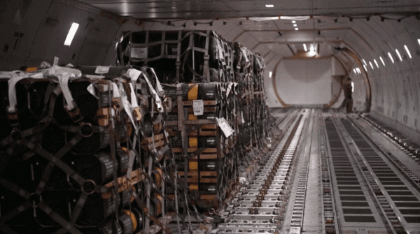 Various of equipment being loaded onto aircraft n Dover Air Force Base, Del., on Jan. 24, 2022. (Screenshot via The Epoch Times/Reuters)