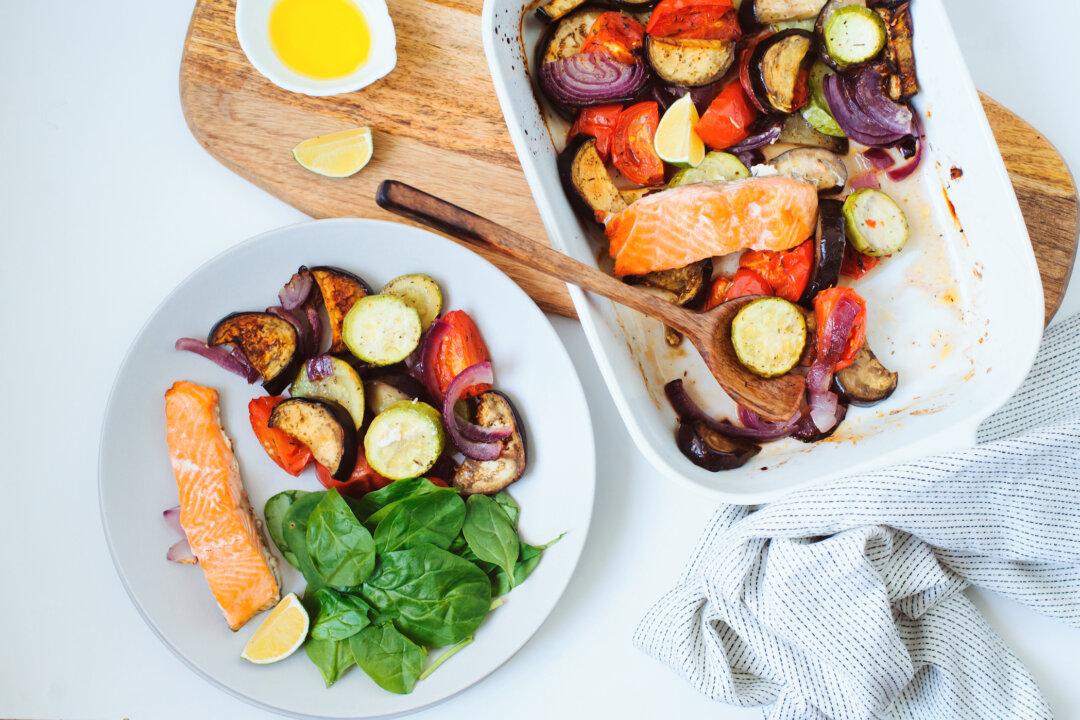 Roasted Vegetable Salad topped with Salmon