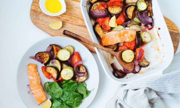 Roasted Vegetable Salad topped with Salmon