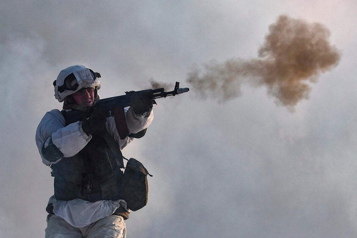 A Russian soldier attends a military exercise at the Golovenki training ground in the Moscow region, Russia, on Jan. 25, 2022. (Alexei Ivanov/Russian Defense Ministry Press Service via AP)