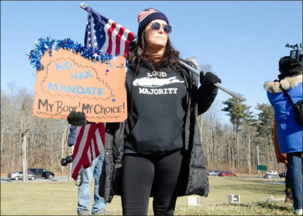 A member of Long Island Loud Majority at a protest against state-mandated masks for school children on Jan. 26, 2022, at the Suffolk County government offices. (Dave Paone/The Epoch Times)