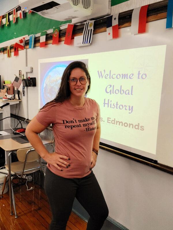 Global history teacher Stephanie Edmonds in her Bronx classroom before she was put on unpaid leave. (Courtesy of Stephanie Edmonds)
