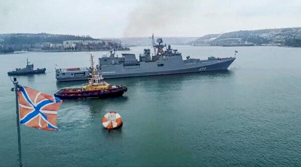 The Russian navy's frigate Admiral Essen prepares to sail off for an exercise in the Black Sea, in this image released on Jan. 26, 2022. (Russian Defense Ministry Press Service via AP)