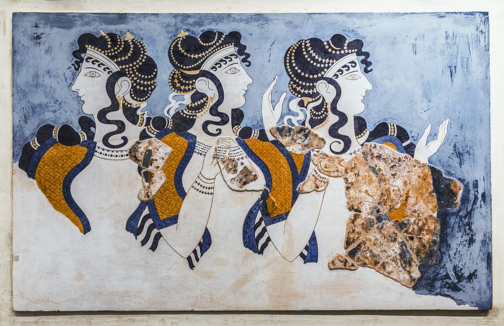 A recreatiion of a Minoan fresco, "Ladies in Blue," housed at the Archaeological Museum of Heraklion. (volkova natalia/Shutterstock)