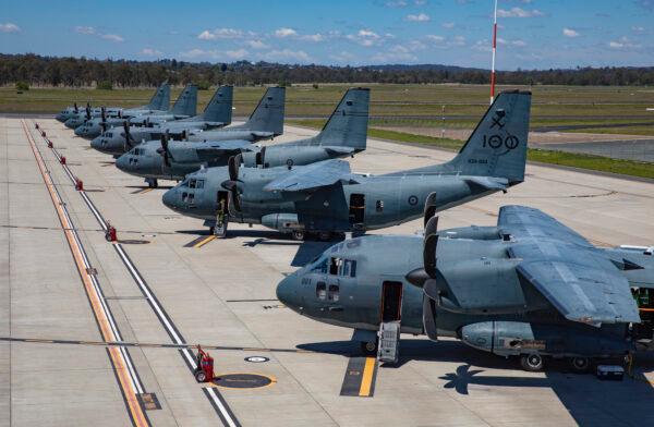 C-27J Spartan aircraft on the hardstand at No. 35 Squadron, RAAF Base Amberley, Queensland, on Oct. 19, 2021. (CPL Jesse Kane/ADF)