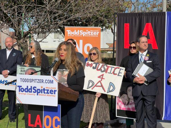 Imelda Hernandez speaks at Orange County District Attorney Todd Spitzer's re-election campaign in La Palma, Calif., on Jan. 26, 2022. (Drew Van Voorhis/The Epoch Times)