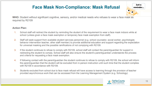 Screenshot of Slide 13 from the principal briefing issued by Fairfax County Public Schools Superintendent Scott Brabrand on Jan. 21, 2022, advising administrators of the "action plan" for "Face Mask Non-Compliance." (Courtesy of Parents Defending Education)