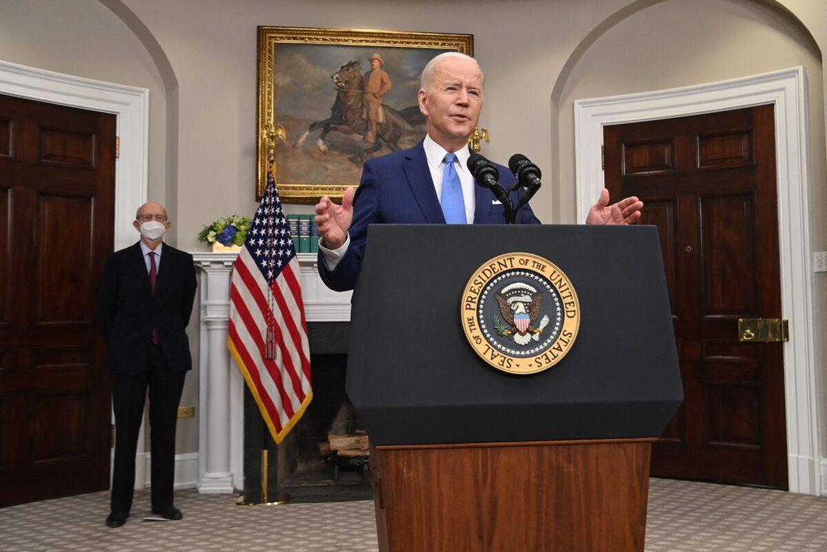 President Joe Biden, with retiring Supreme Court Justice Stephen Breyer, speaks in the Roosevelt Room of the White House on Jan. 27, 2022. (Saul Loeb/AFP via Getty Images)