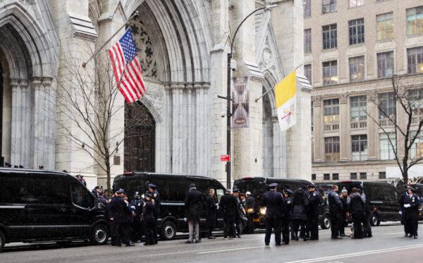 NYPD officers assemble at St. Patrick’s Cathedral in New York for the funeral of fallen Officer Jason Rivera on Jan. 28, 2022. (Dave Paone/The Epoch Times)