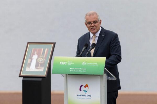 Australian Prime Minister Scott Morrison speaks at the Citizenship and Flag Raising Ceremony on January 26, 2022 in Canberra, Australia. (Brook Mitchell/Getty Images)